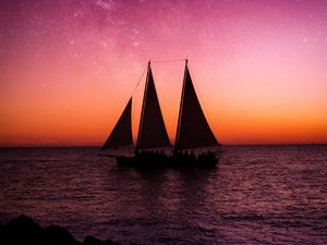 Preview wallpaper ship, sailboat, sea, dusk, dark