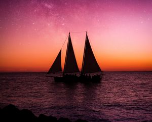 Preview wallpaper ship, sailboat, sea, dusk, dark