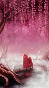 Preview wallpaper ship, sails, pier, tree, art