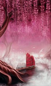 Preview wallpaper ship, sails, pier, tree, art