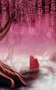 Preview wallpaper ship, sails, pier, tree, art