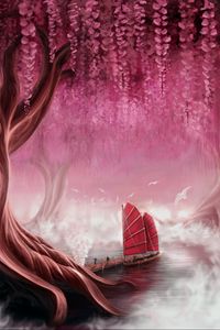 Preview wallpaper ship, sails, pier, tree, art