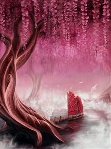 Preview wallpaper ship, sails, pier, tree, art