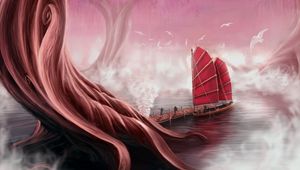 Preview wallpaper ship, sails, pier, tree, art