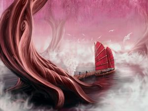 Preview wallpaper ship, sails, pier, tree, art