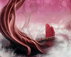 Preview wallpaper ship, sails, pier, tree, art