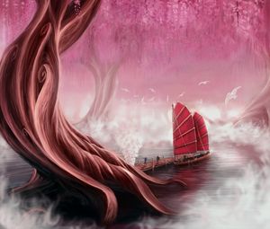 Preview wallpaper ship, sails, pier, tree, art