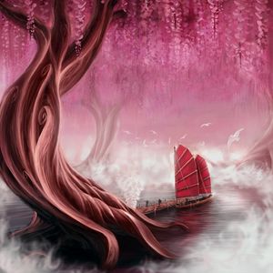 Preview wallpaper ship, sails, pier, tree, art