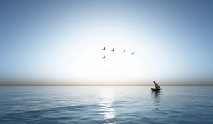 Preview wallpaper ship, sea, birds, wedge, weeds