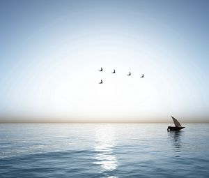 Preview wallpaper ship, sea, birds, wedge, weeds