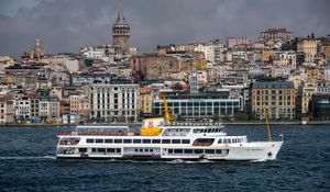 Preview wallpaper ship, sea, buildings, tower, city, istanbul, turkey