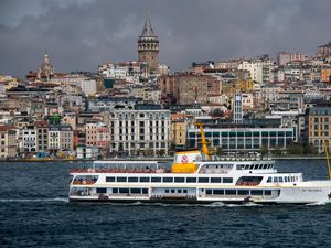 Preview wallpaper ship, sea, buildings, tower, city, istanbul, turkey