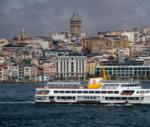 Preview wallpaper ship, sea, buildings, tower, city, istanbul, turkey