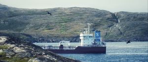 Preview wallpaper ship, sea, coast, hills, rocks