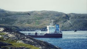 Preview wallpaper ship, sea, coast, hills, rocks