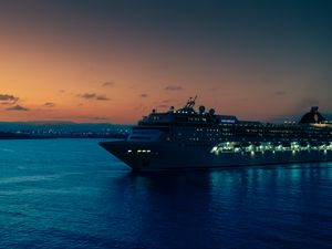 Preview wallpaper ship, sea, lights, evening