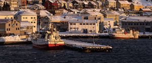 Preview wallpaper ship, sea, pier, houses, mountain