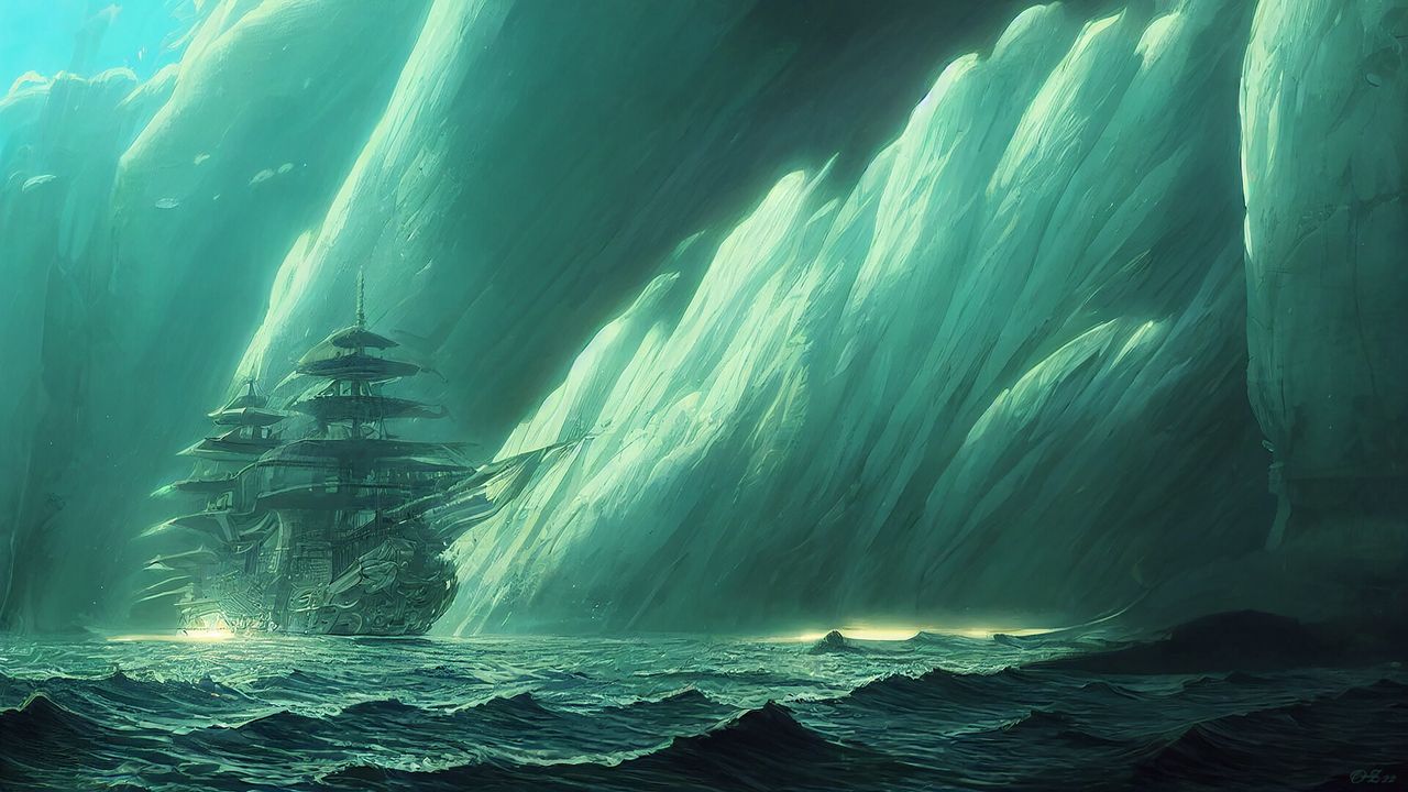 Wallpaper ship, sea, rock, art, blue