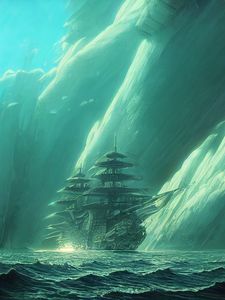 Preview wallpaper ship, sea, rock, art, blue