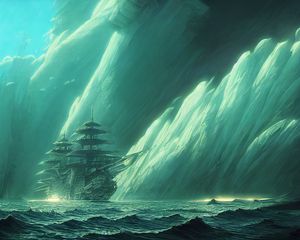 Preview wallpaper ship, sea, rock, art, blue