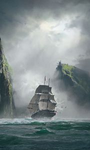 Preview wallpaper ship, sea, rocks, fog, art