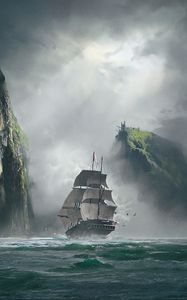 Preview wallpaper ship, sea, rocks, fog, art