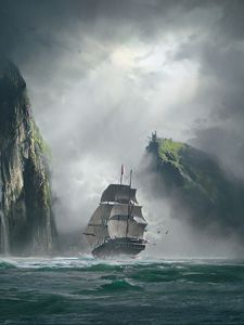 Preview wallpaper ship, sea, rocks, fog, art