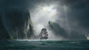 Preview wallpaper ship, sea, rocks, fog, art