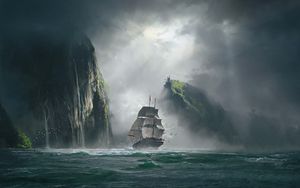 Preview wallpaper ship, sea, rocks, fog, art