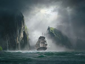 Preview wallpaper ship, sea, rocks, fog, art