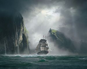 Preview wallpaper ship, sea, rocks, fog, art