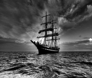 Preview wallpaper ship, sea, sail, storm, black white