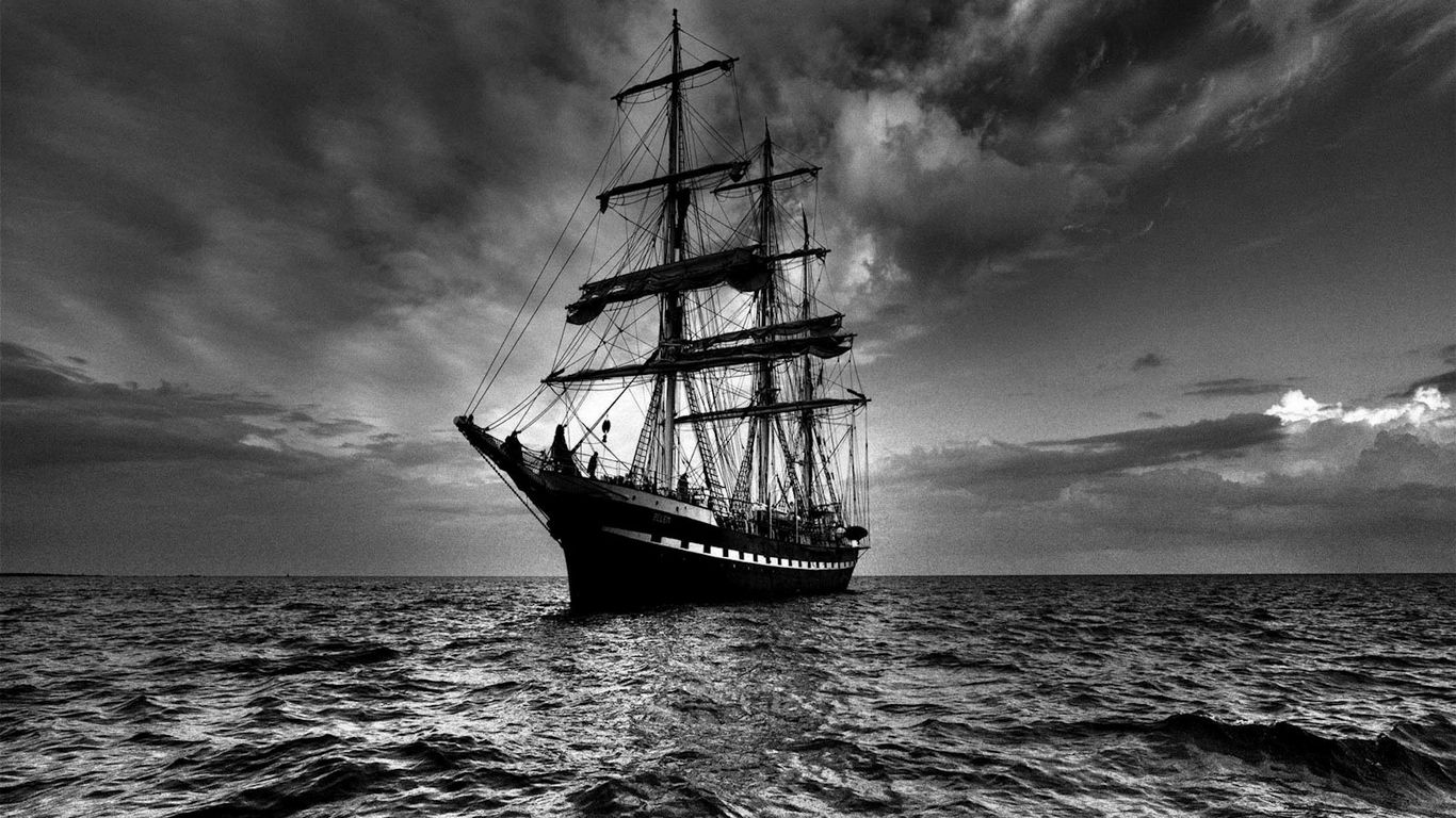 1366x768 Wallpaper ship, sea, sail, storm, black white