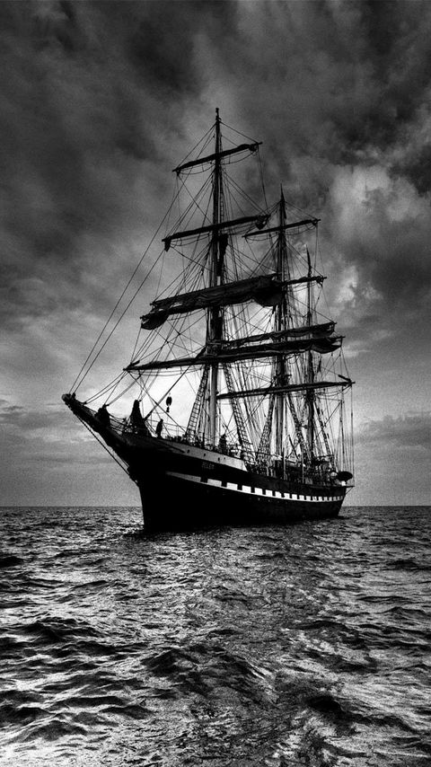 480x854 Wallpaper ship, sea, sail, storm, black white