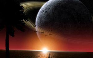 Preview wallpaper ship, sea, saturn, sun, space