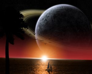 Preview wallpaper ship, sea, saturn, sun, space