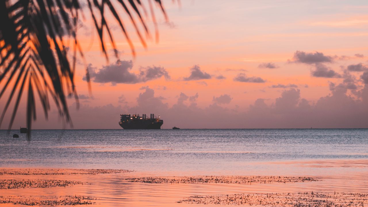 Wallpaper ship, sea, sunset, shore