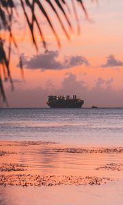 Preview wallpaper ship, sea, sunset, shore