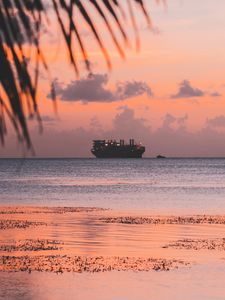 Preview wallpaper ship, sea, sunset, shore
