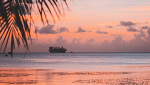 Preview wallpaper ship, sea, sunset, shore