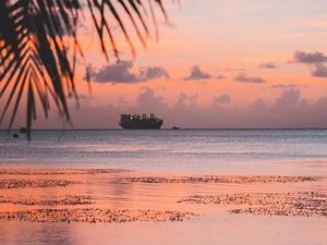 Preview wallpaper ship, sea, sunset, shore