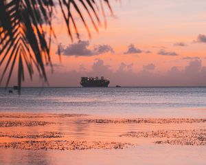 Preview wallpaper ship, sea, sunset, shore