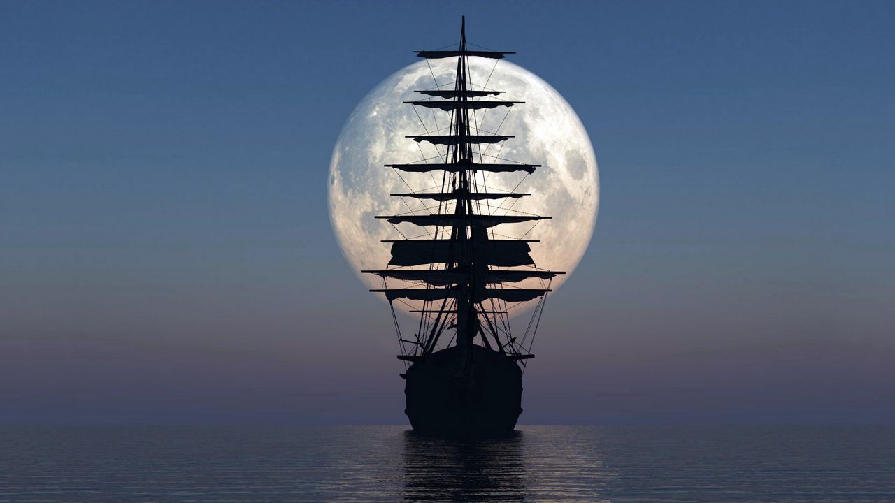 Wallpaper ship, sea, sunset, moon