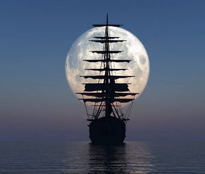 Preview wallpaper ship, sea, sunset, moon