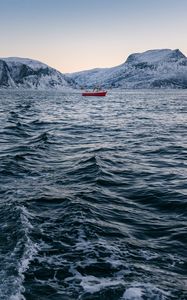 Preview wallpaper ship, sea, waves, mountains