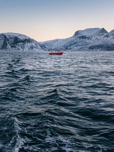 Preview wallpaper ship, sea, waves, mountains