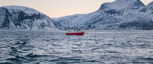 Preview wallpaper ship, sea, waves, mountains