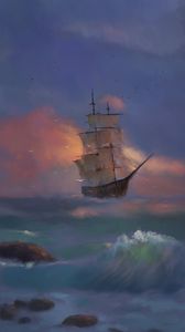 Preview wallpaper ship, sea, waves, art, dark