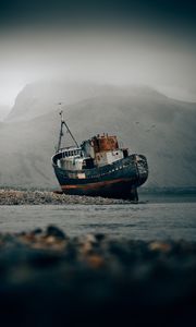 Preview wallpaper ship, shore, fog, shallow, abandoned