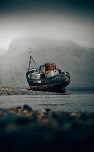 Preview wallpaper ship, shore, fog, shallow, abandoned